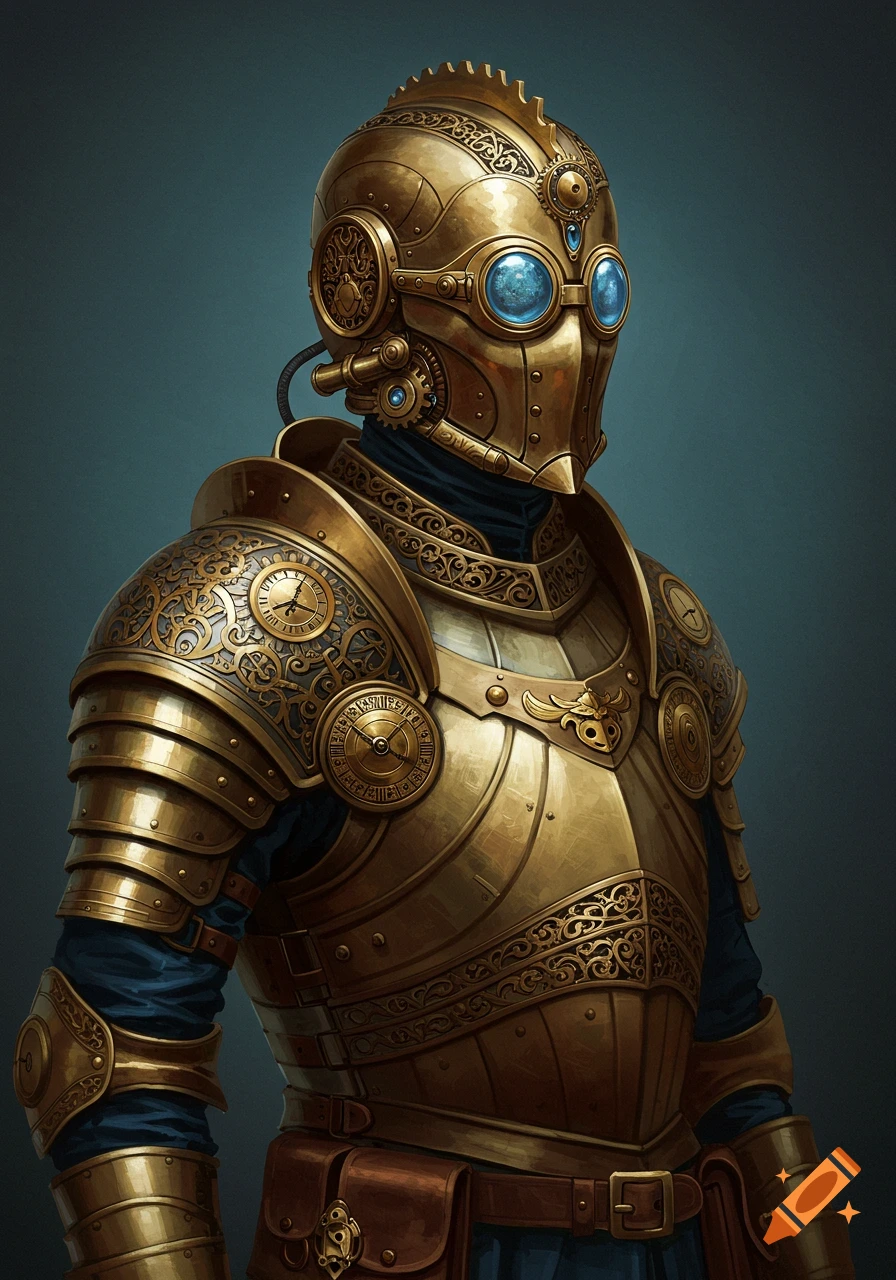 A person in elaborate golden steampunk armor with intricate filigree, clock faces, and glowing blue aetheric lenses.