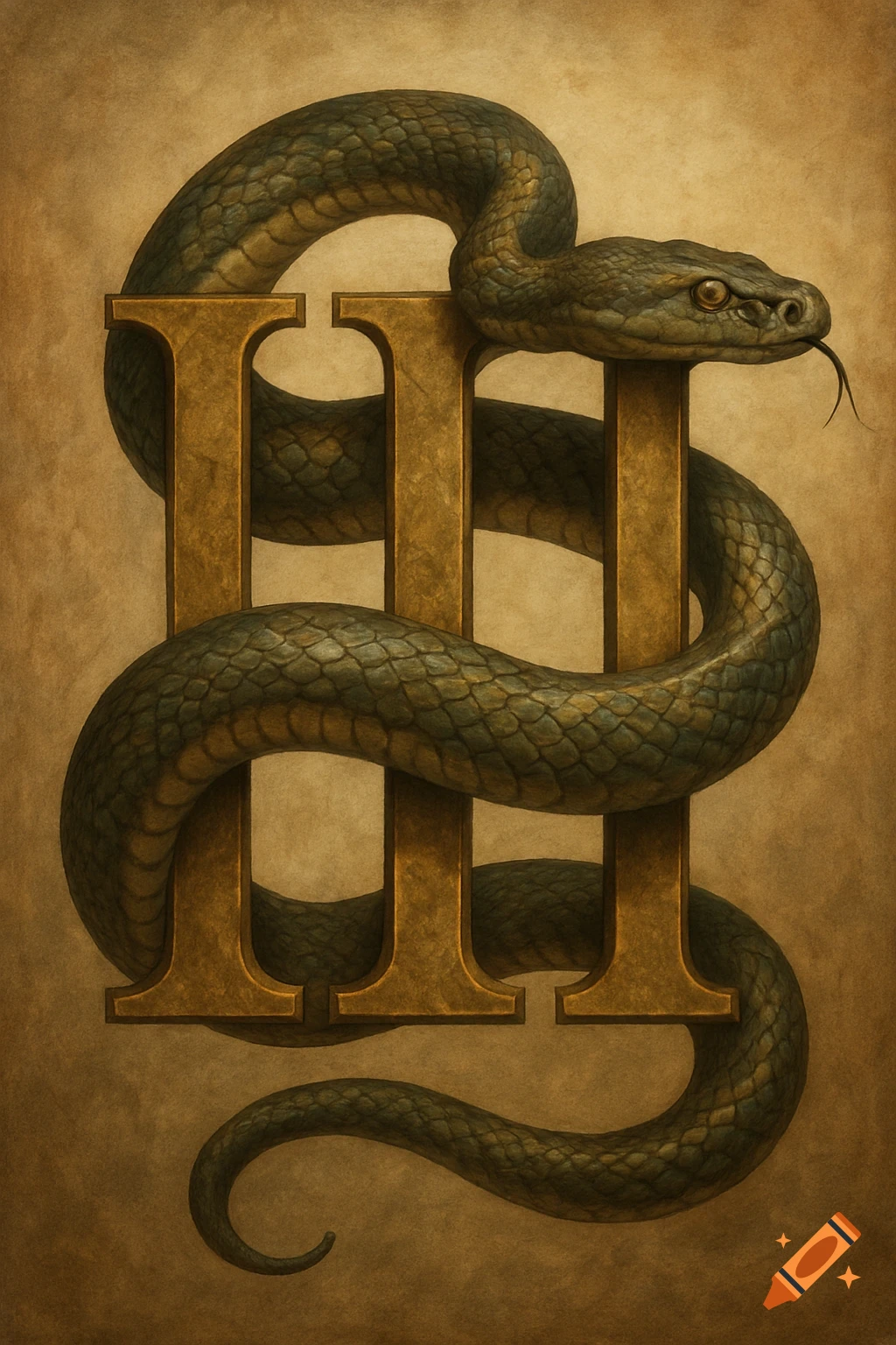 A detailed snake wrapped around the golden Roman numeral three on a textured brown background.
