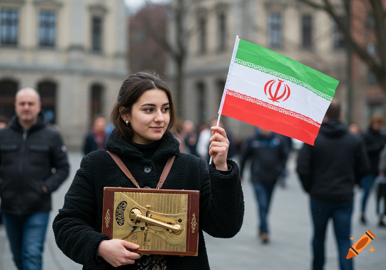 A young woman holds an Iranian flag and a detailed brass-bound wooden box on a city street.