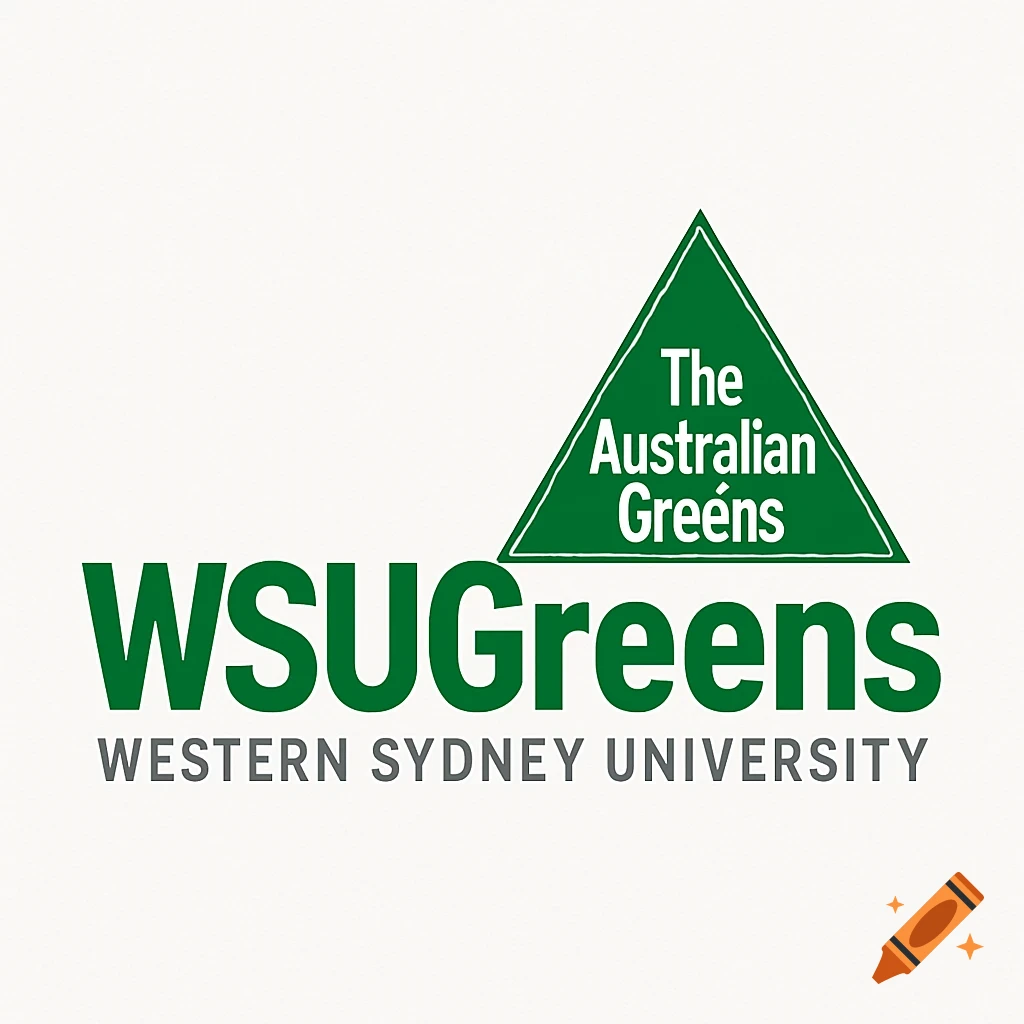 Logo for WSUGreens, Western Sydney University, featuring a green triangle with 'The Australian Greens' text.