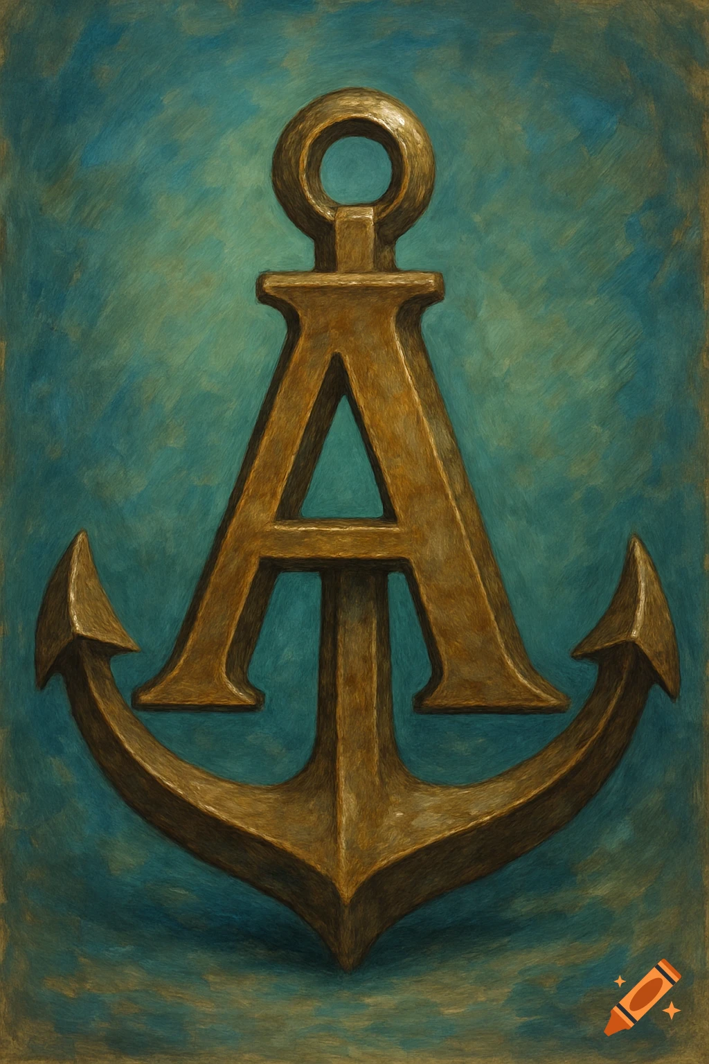 A golden anchor with the letter A incorporated into its design, set against a textured blue background in a painterly style.
