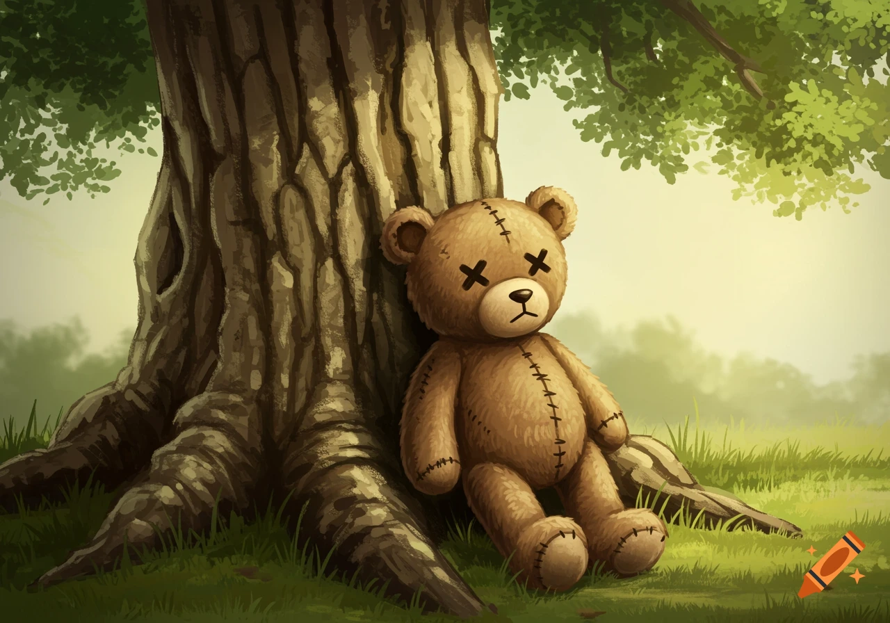 A sad teddy bear with X-shaped eyes leans against a large tree in a grassy landscape, in an illustrative style.