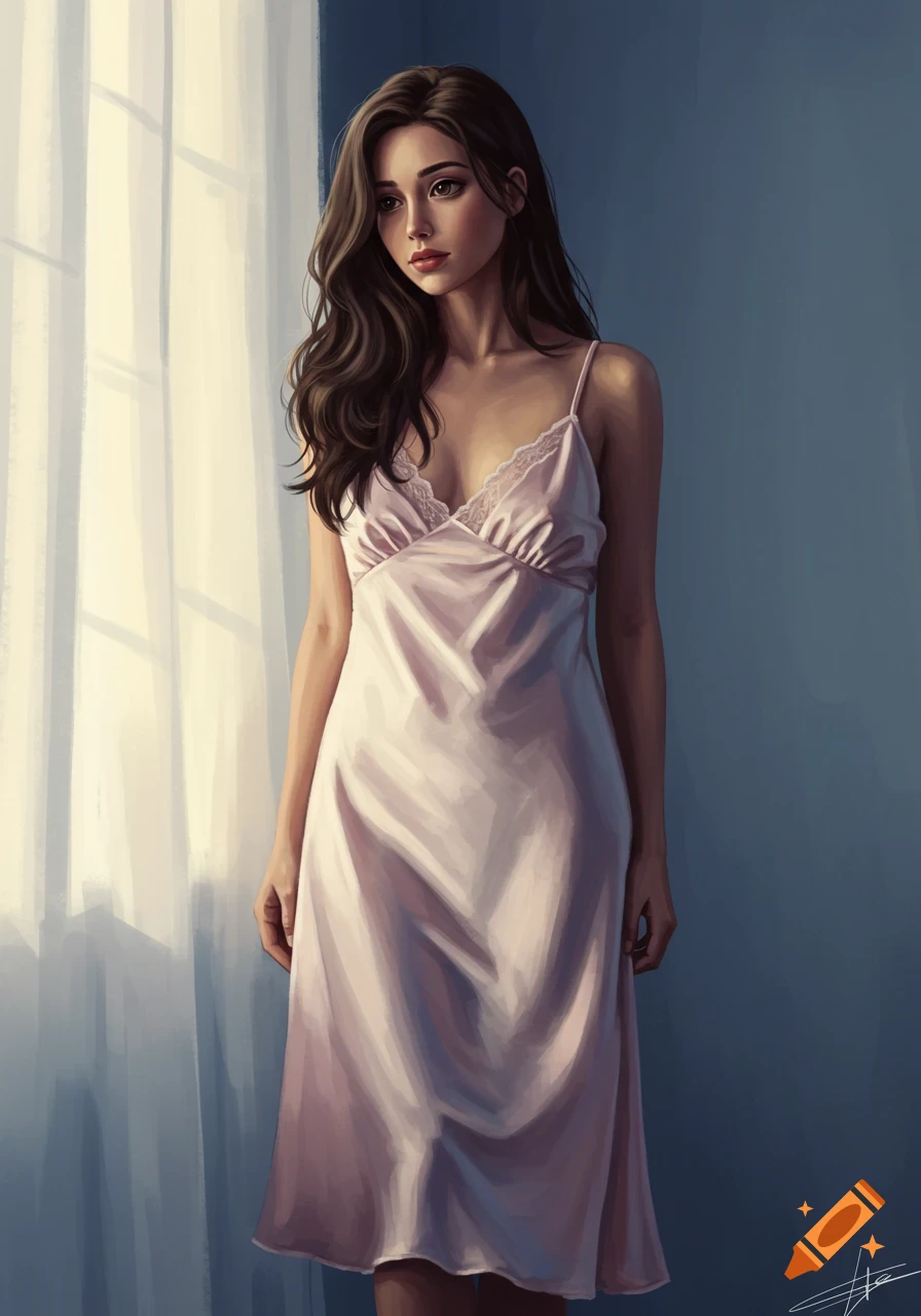 A digital painting of a woman with long dark hair wearing a light pink nightgown, standing by a window with light streaming in.
