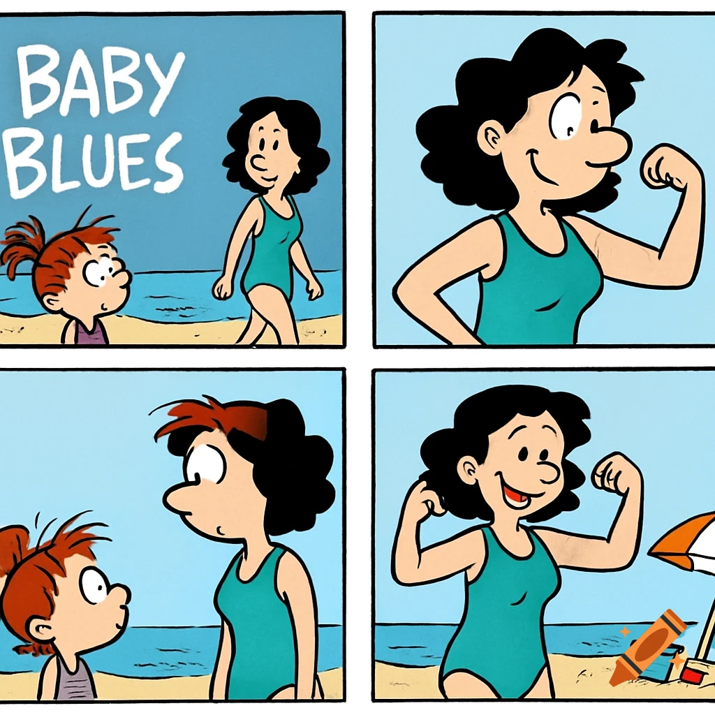 A four-panel cartoon comic strip showing a woman in a swimsuit flexing her muscles on a beach, with a child watching.