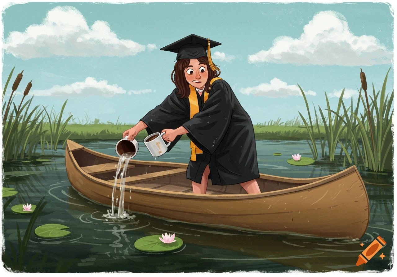 Cartoon illustration of a female graduate in a cap and gown bailing water from a sinking canoe with coffee mugs.