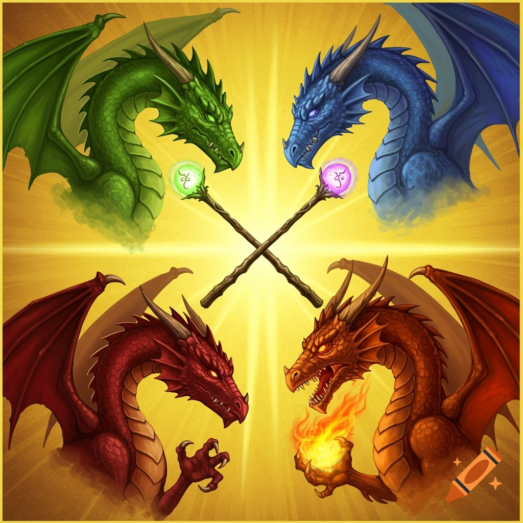 Four colorful dragons (green, blue, red, bronze) in a quadrant arrangement around two crossed magical staffs, on a glowing yellow background.