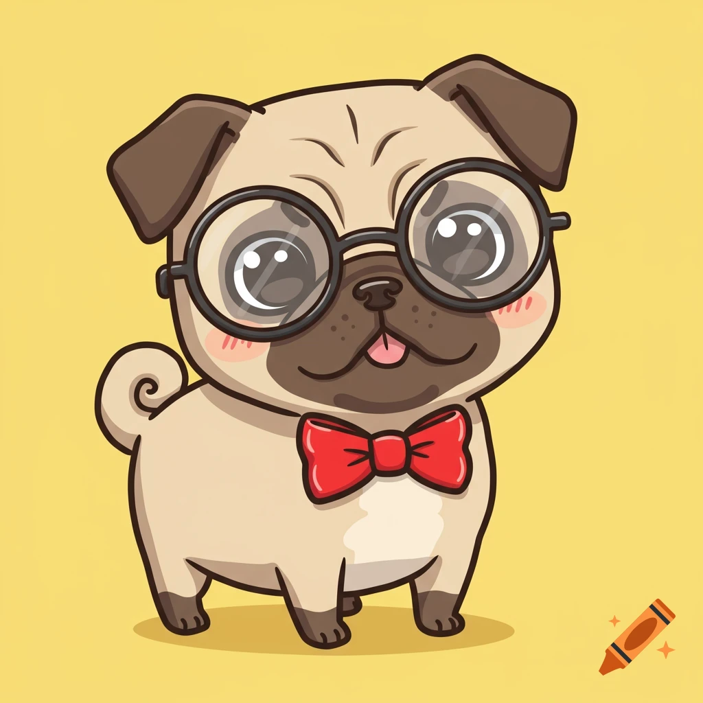 A cute cartoon pug wearing glasses and a red bow tie stands against a yellow background.