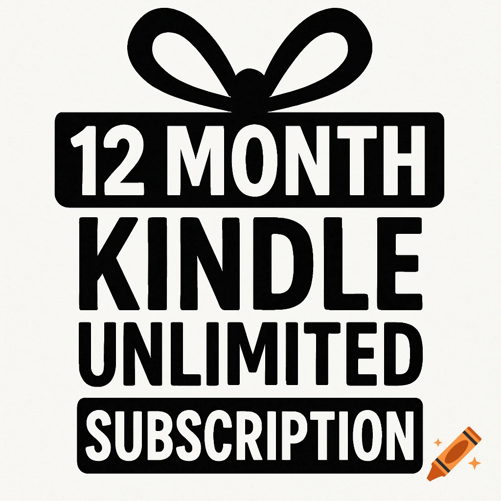 Black and white graphic of a gift box with a bow containing the text '12 MONTH KINDLE UNLIMITED SUBSCRIPTION'.