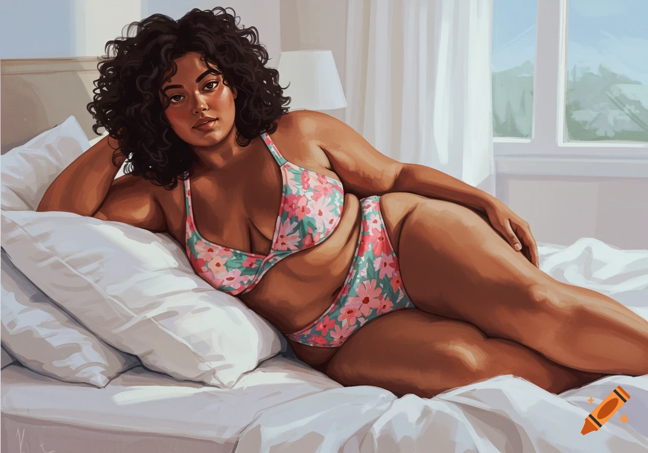 An illustrative portrait of a full-figured woman with dark curly hair lying on a bed, wearing a pink and green floral bikini.