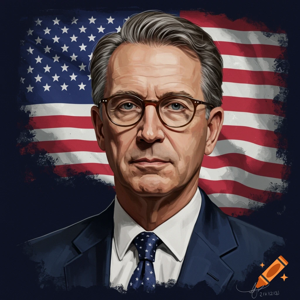 Illustrated portrait of a man in a suit and glasses against an American flag.
