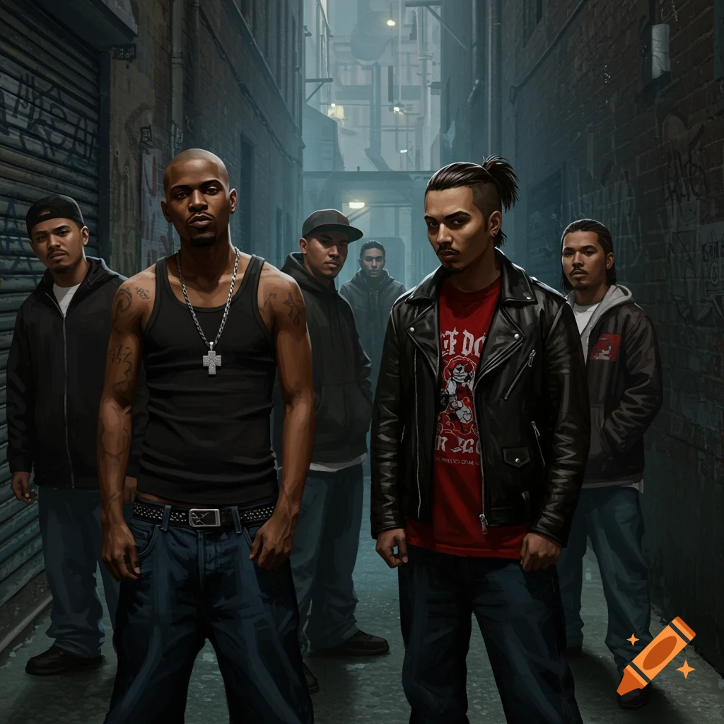 Five men in street clothes stand in a dark, graffiti-covered urban alley.