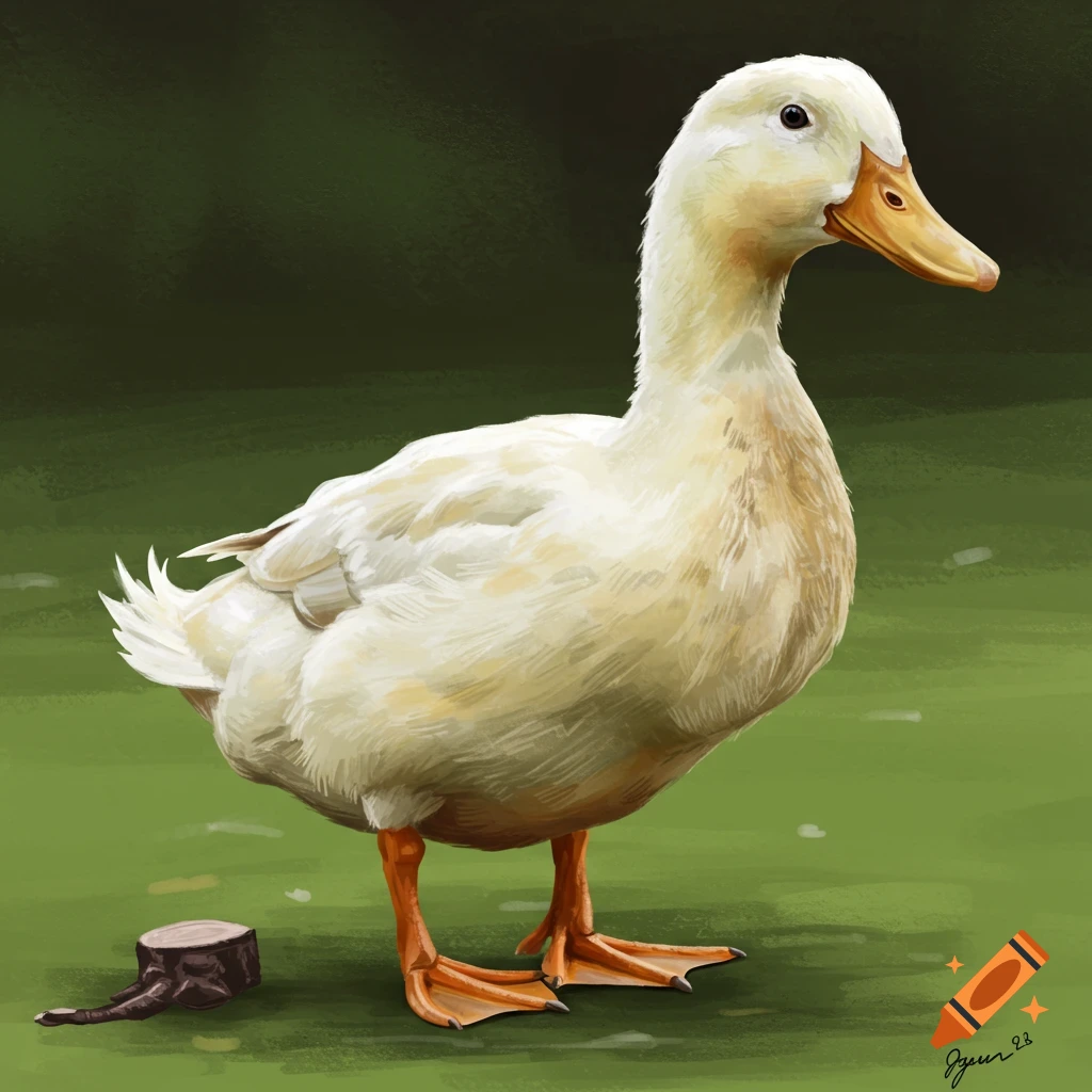 A white duck stands on light green ground with a darker green background. A small tree stump and a root are on the ground near its feet. The duck has an orange beak and legs.