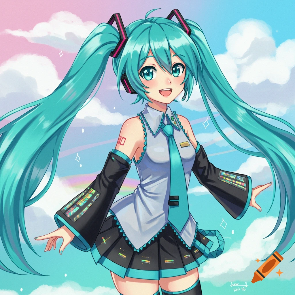 Hatsune Miku, an anime girl with long blue-green twin-tails, smiles cheerfully against a pastel blue and pink sky with clouds in this vibrant illustration.