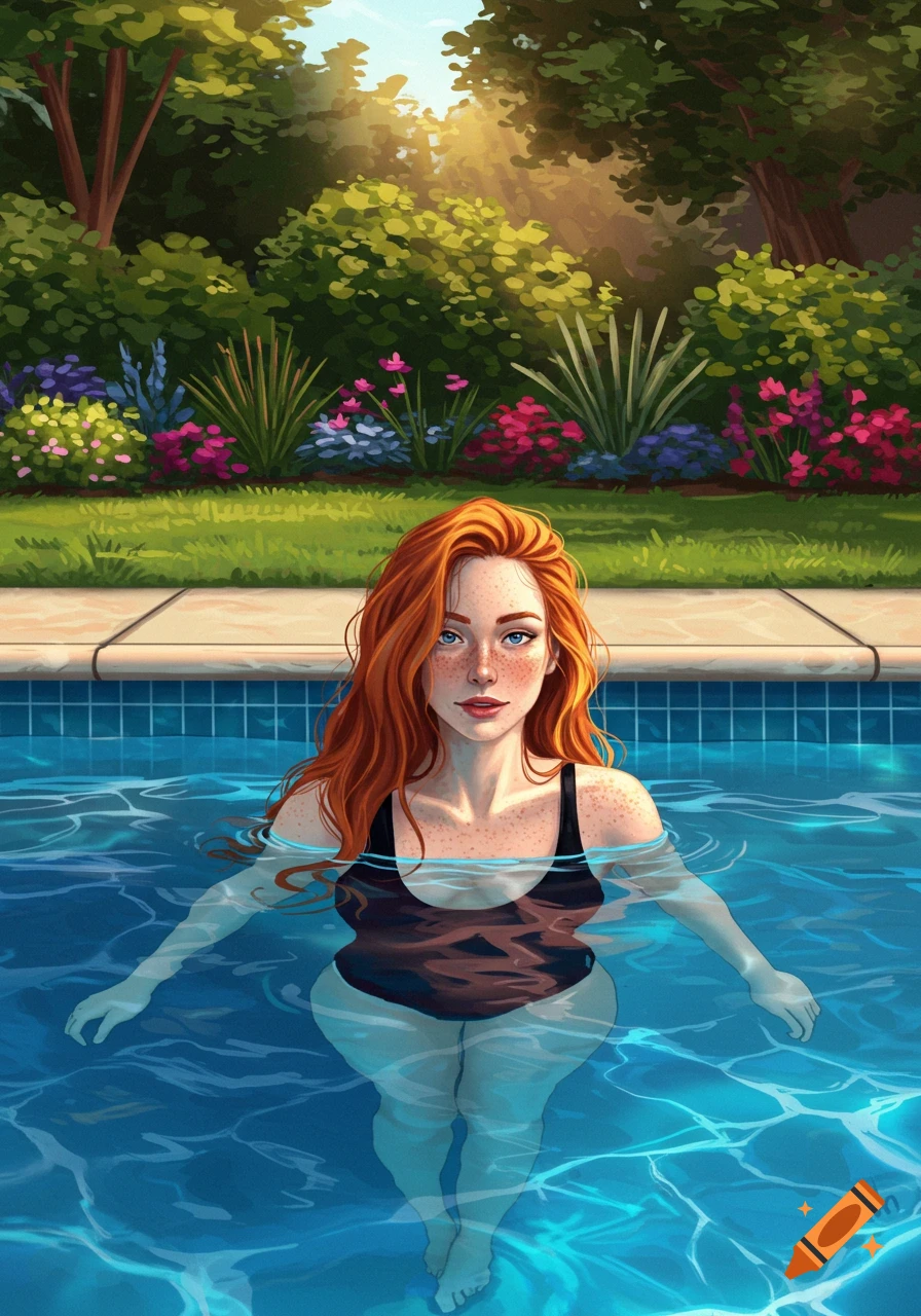 A stylized illustration of a red-haired woman with freckles, submerged in a swimming pool, set against a sunny garden backdrop.