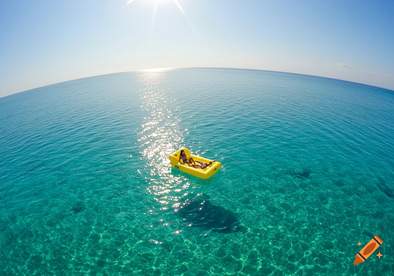 Two people relaxing on a yellow inflatable raft in clear blue-green ocean water under a bright sun. Photorealistic.