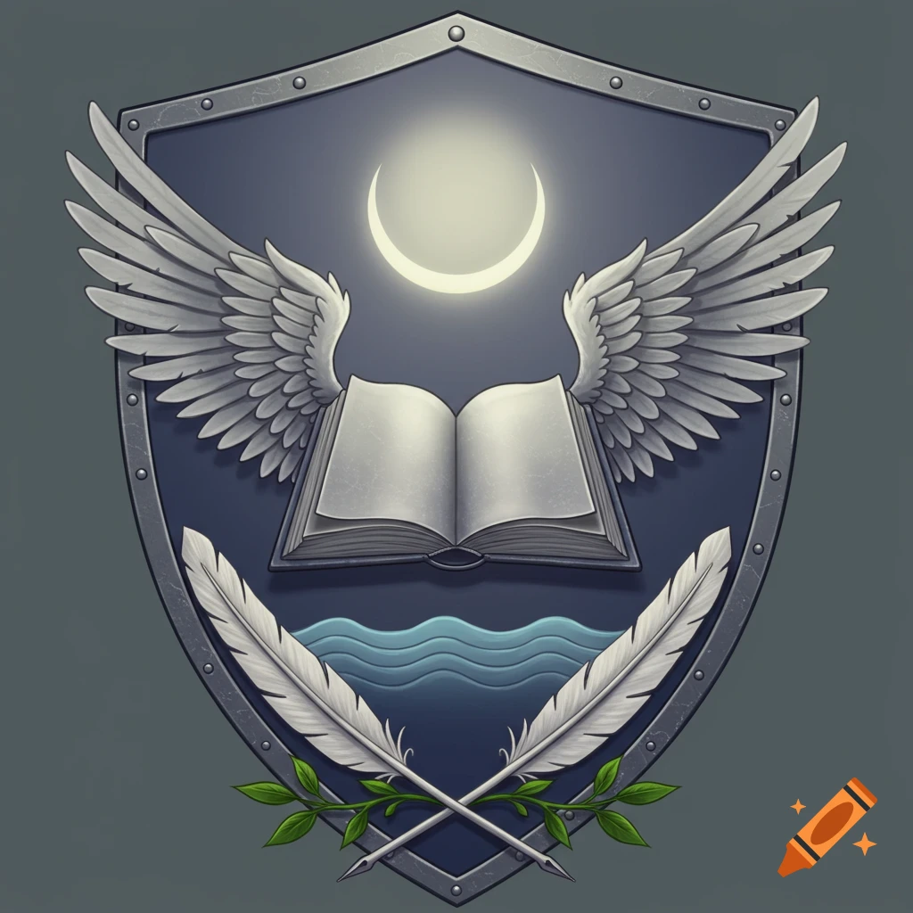 A high-fantasy elven crest with a gray shield, winged open book, crescent moon, blue water, and crossed feather quills with green vines.