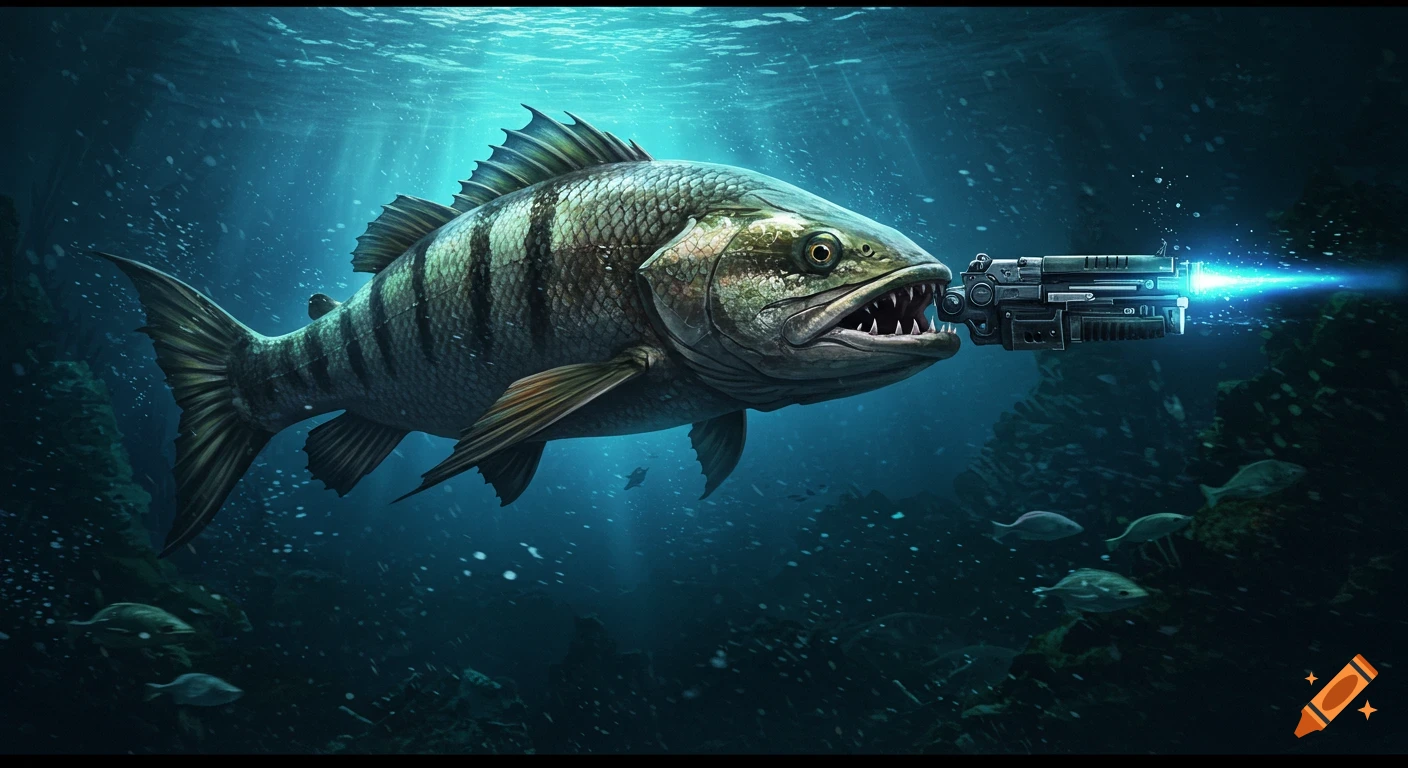 A large, striped fish with sharp teeth holds a futuristic laser gun in ...