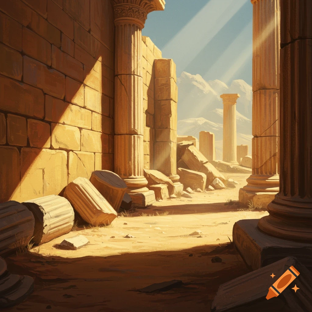 Digital painting of sunlit ancient ruins with stone columns, crumbling walls, and debris in a sandy desert landscape.