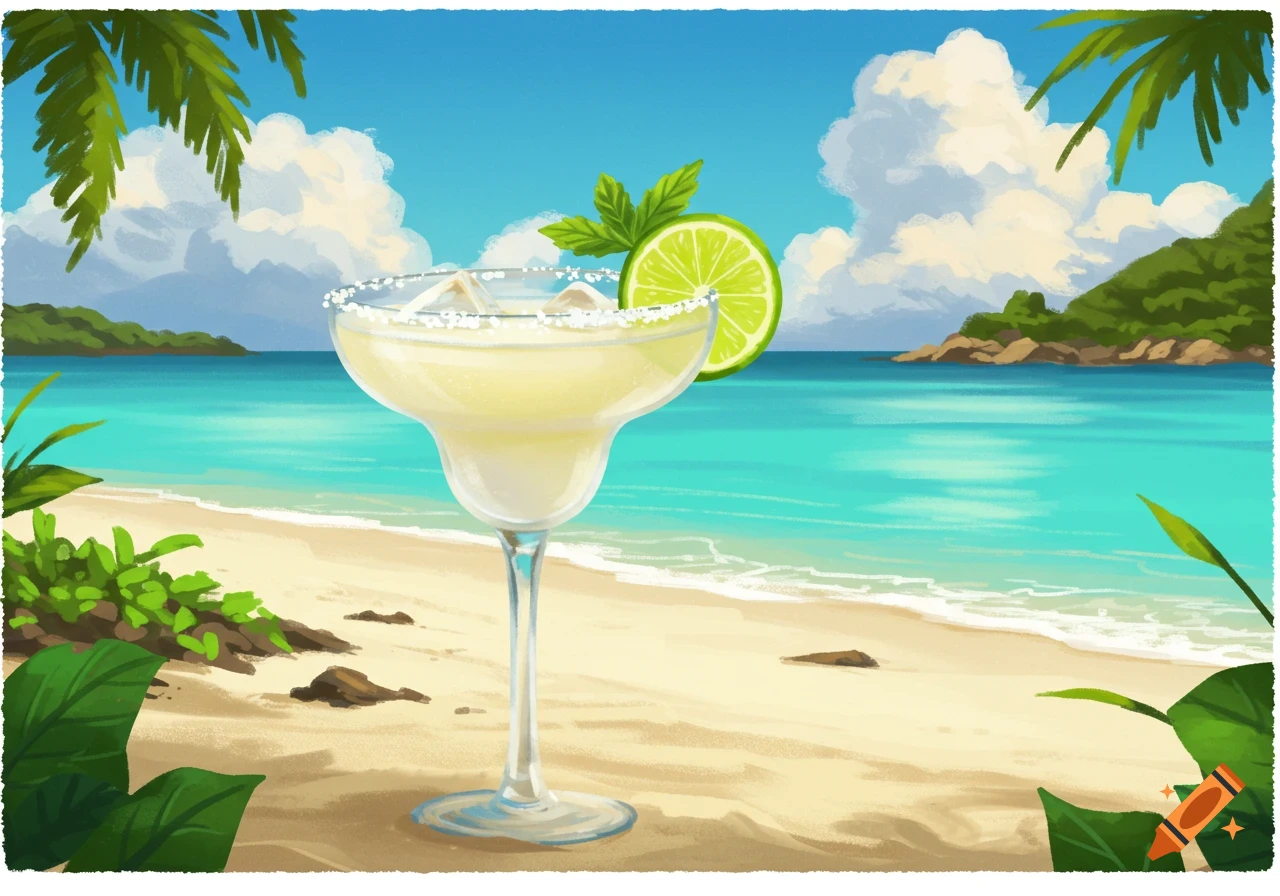 An illustration of a margarita with a lime slice and salt rim, sitting on a sandy tropical beach with blue ocean and palm trees.