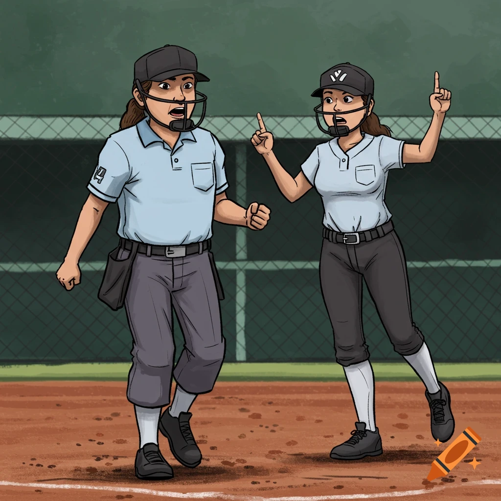 Two cartoon-style umpires, a male and a female, stand on a dirt baseball field, appearing to argue or make a call.