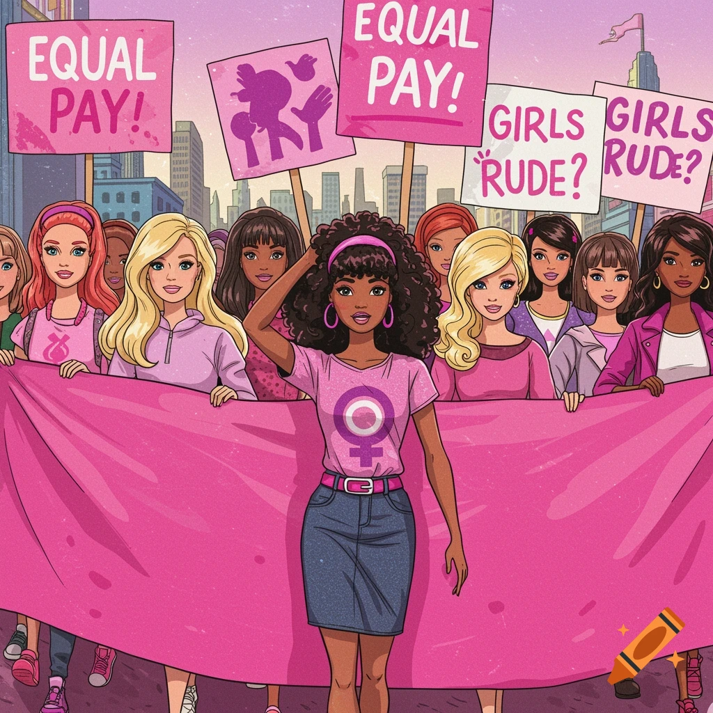 An illustration of diverse Barbie dolls protesting for women's rights, holding signs that say 'EQUAL PAY!' and a large pink banner.