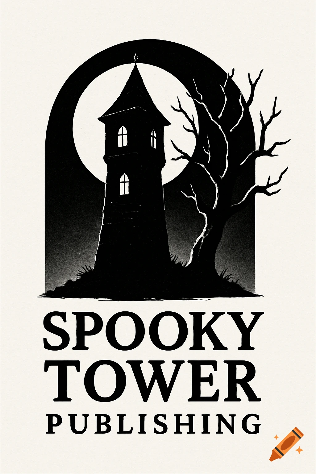 A black and white logo featuring a silhouetted spooky tower and a bare tree against a full moon, with 'SPOOKY TOWER PUBLISHING' text below.
