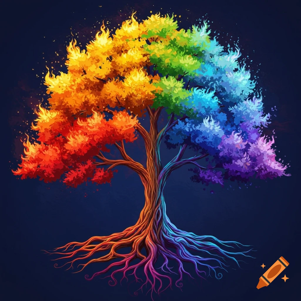 A vibrant tree with a rainbow-colored canopy and roots, resembling flames, set against a dark blue background in a stylized art style.