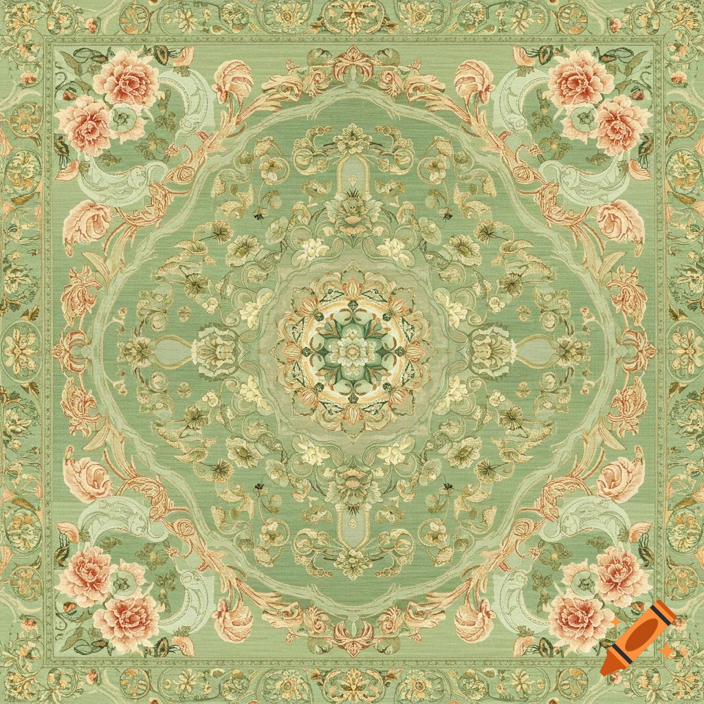 A symmetrical ornate Persian carpet with intricate floral patterns in jade green, peach, and gold pastel colors, seen from a top-down view.