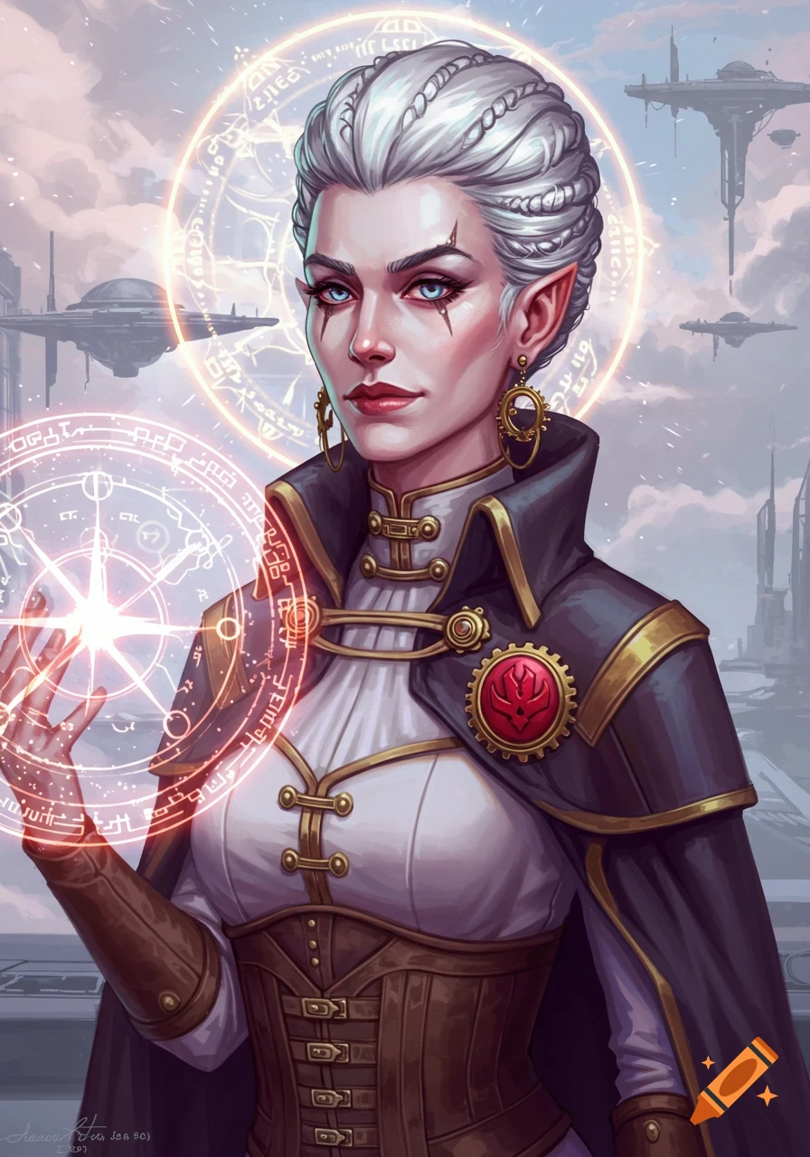 A white-haired, pale-skinned woman in a black and gold cloak with a brown corset holds a glowing magical orb, set against a futuristic city skyline with floating structures.