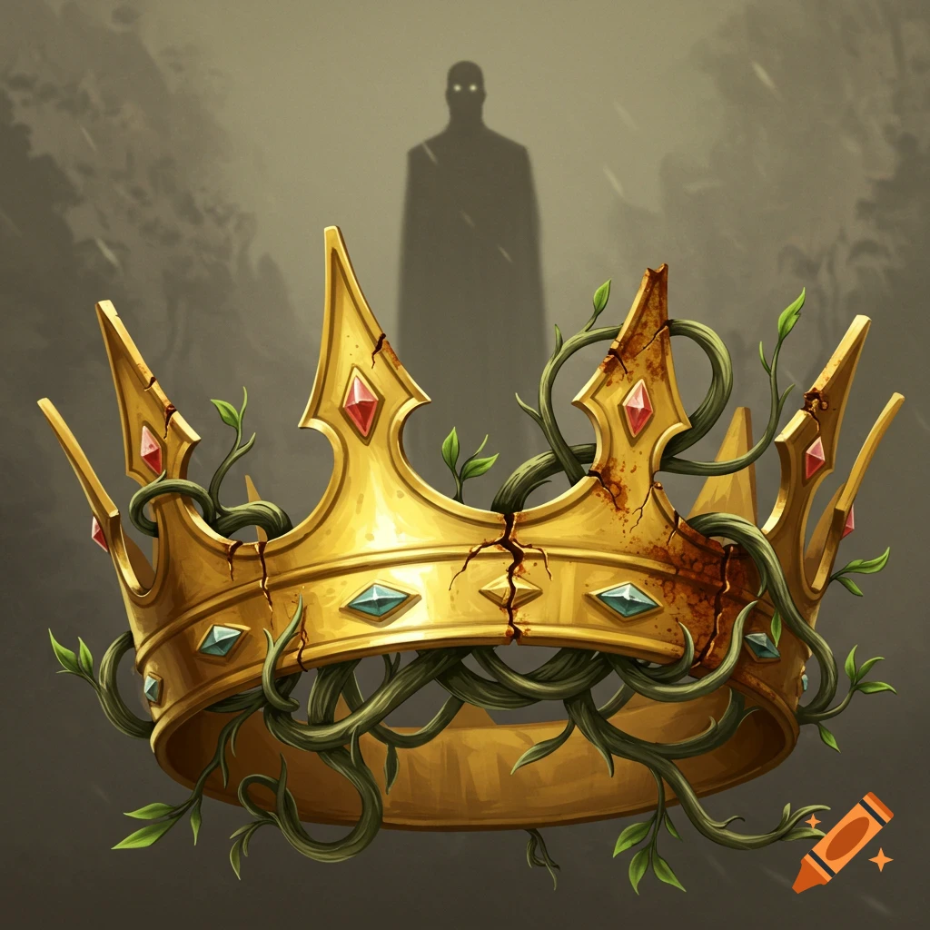 A detailed golden crown, cracked and rusted, overgrown with twisting green vines. In the misty background, a faint silhouette with glowing eyes.