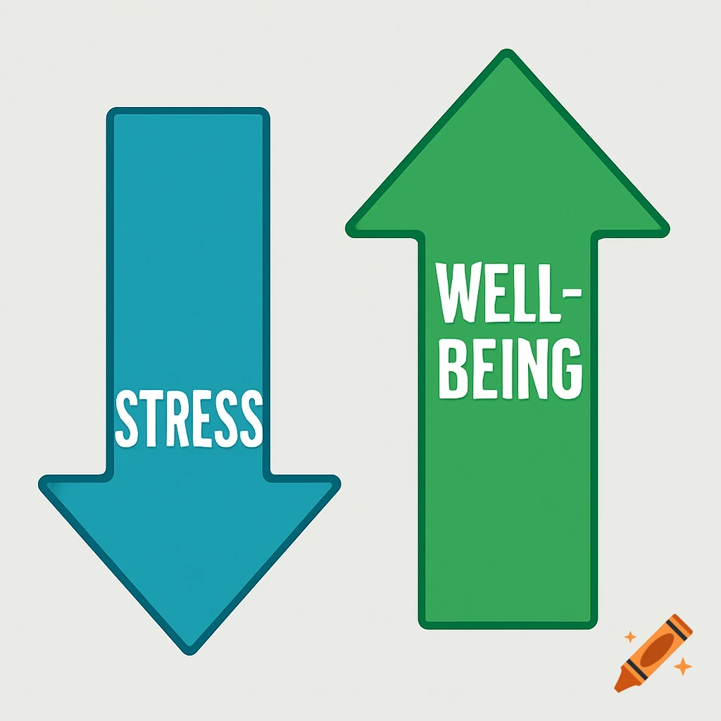 An infographic with a teal down arrow labeled 'STRESS' and a green up arrow labeled 'WELL-BEING'.