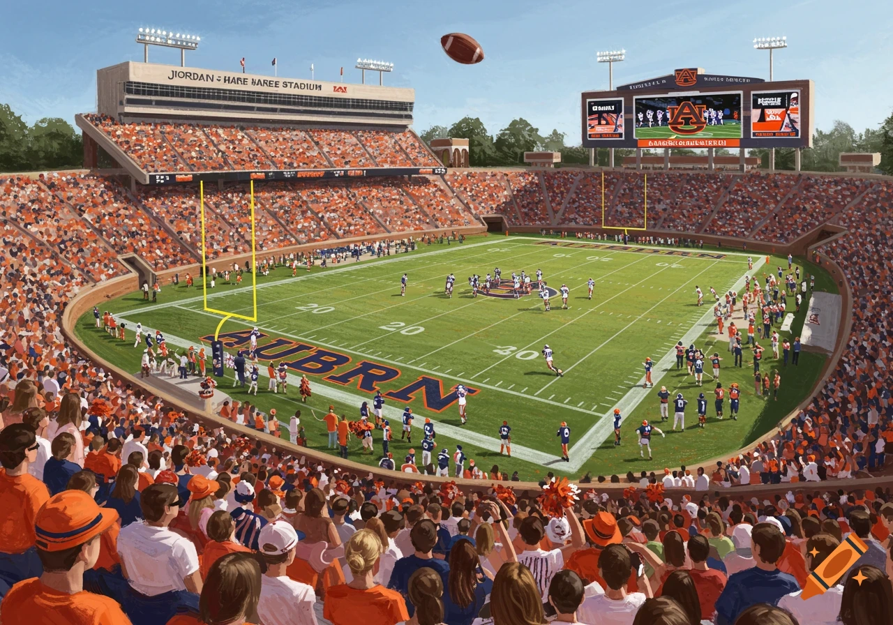 A vibrant, stylized painting of an American football game in progress at a crowded stadium, seen from the stands, with a football flying above.