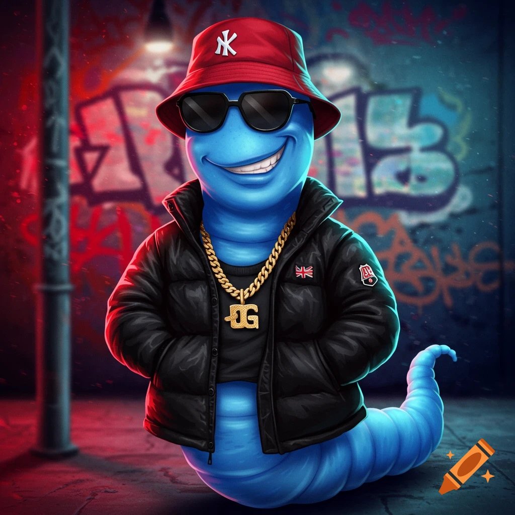 A smiling blue worm in a red bucket hat, black puffer coat, gold chain with 'DG' pendant, and sunglasses, standing in front of a graffiti-covered wall.
