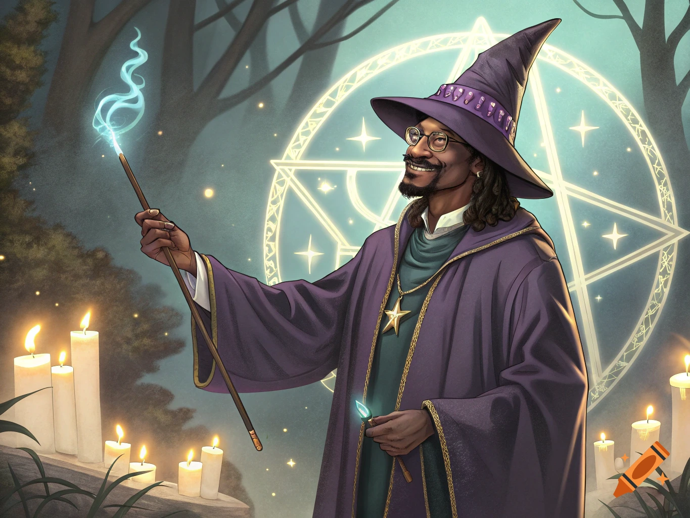 Snoop Dogg as a wizard holding a glowing staff in a magical forest with candles and a glowing pentagram.