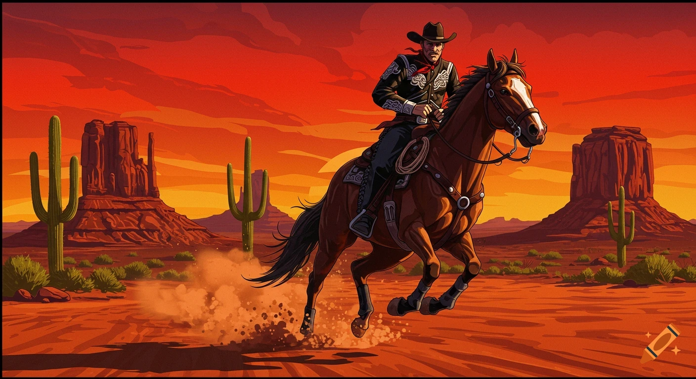 Illustrated cowboy on a galloping horse in a vibrant red desert sunset with mesas and cacti.