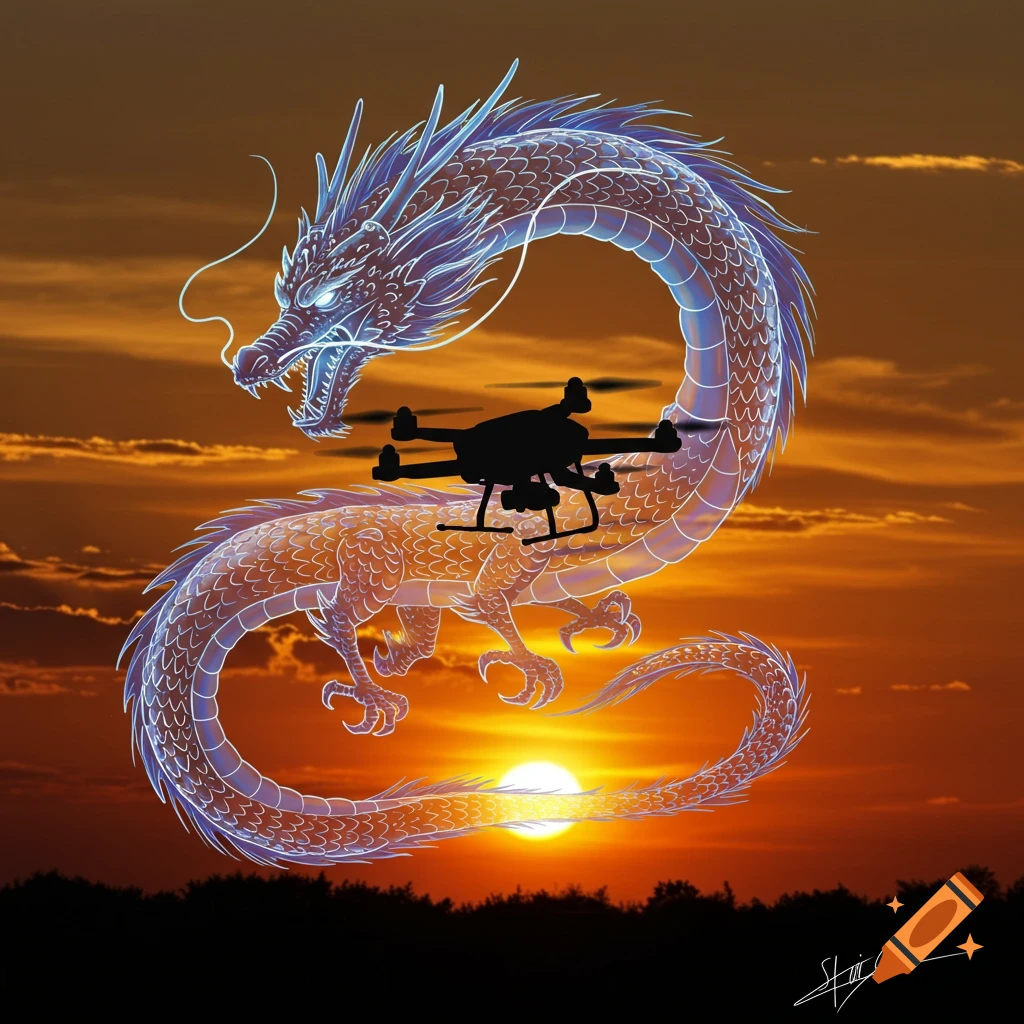 A glowing blue dragon curves around a black drone silhouette against an orange and yellow sunset sky with a dark horizon.