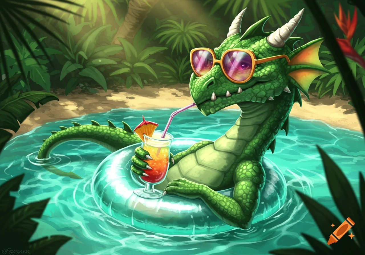 A cartoon green dragon wearing sunglasses relaxes in a tropical pool on an inflatable tube, sipping a colorful drink with a straw.