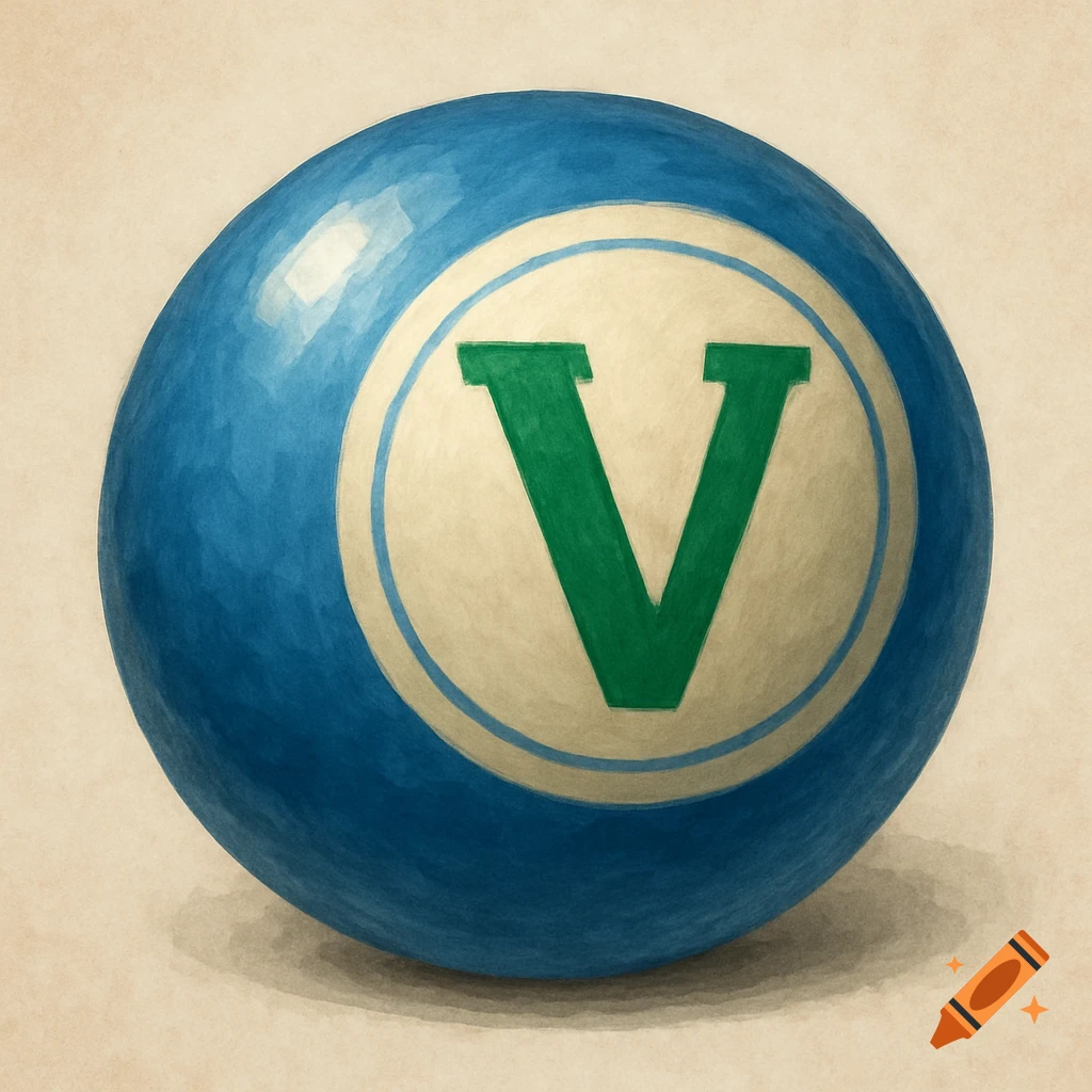 A blue bingo ball with a green letter V on a white circle, in a painted style.