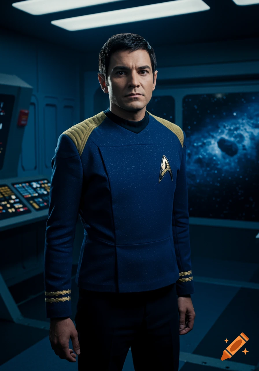 A man in a blue and gold Starfleet uniform stands on a spaceship bridge. He has dark hair, pointed ears, and a serious expression.