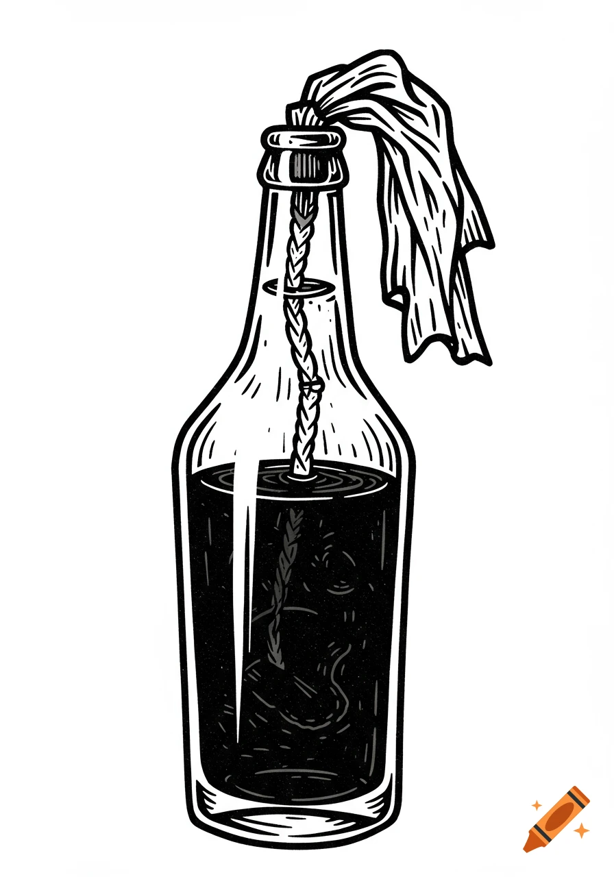 A black and white woodcut style illustration of a Molotov cocktail, showing a bottle with dark liquid, a braided wick, and a cloth.