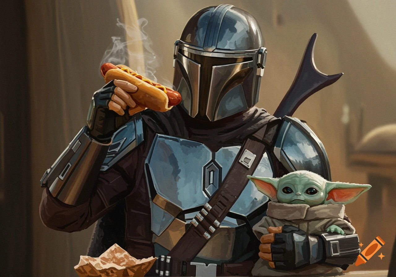 The Mandalorian eats a hotdog while holding Grogu in a detailed, realistic style.
