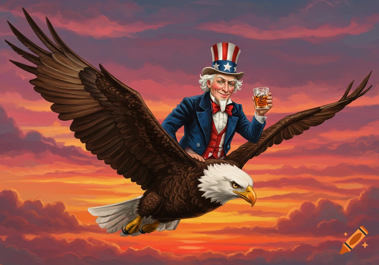 Uncle Sam rides a majestic bald eagle through a vibrant sunset sky, holding a glass of amber liquid.