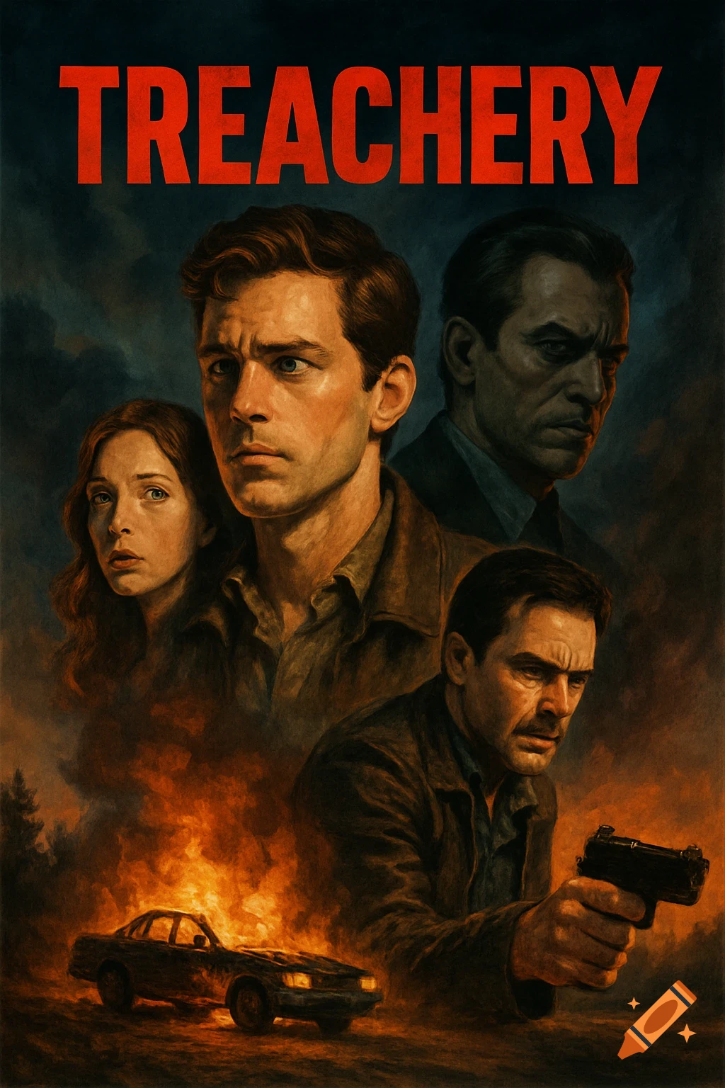 Dramatic movie poster for 'Treachery' with stern characters and a burning car in a painterly style.