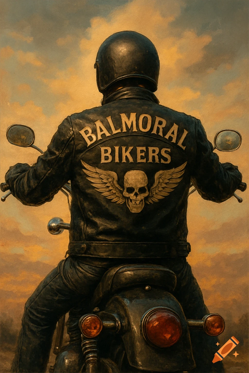 Rear view of a biker on a motorcycle with a leather jacket reading 'BALMORAL BIKERS' and a winged skull logo, in a painterly style.