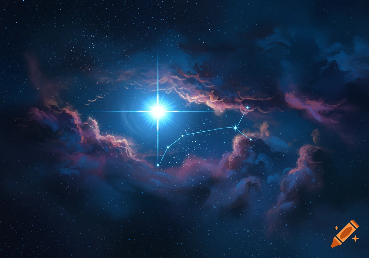 A bright blue star with a prominent lens flare, connected to a constellation, surrounded by dark blue and purple nebula clouds and many small stars.