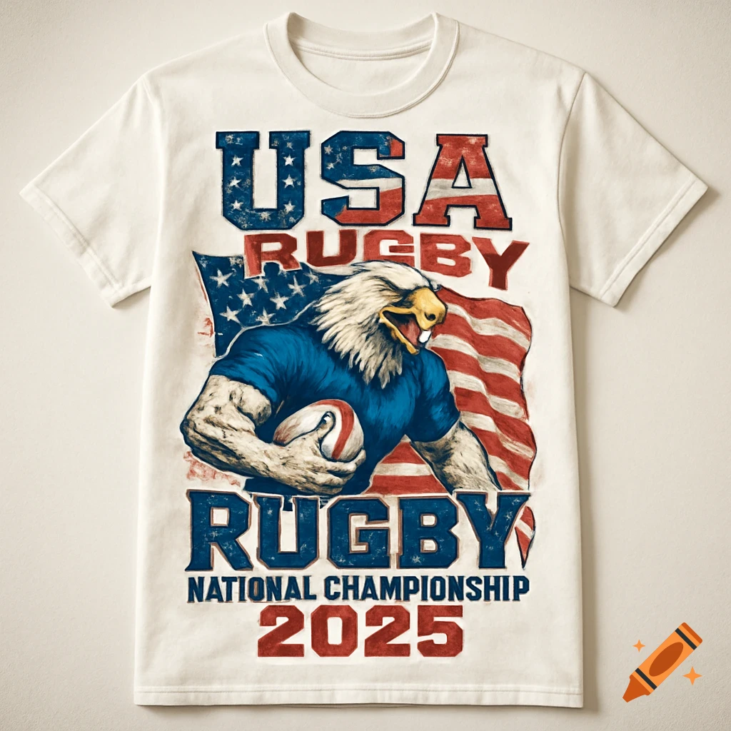 White t-shirt with a bald eagle holding a rugby ball, an American flag, and 'USA Rugby National Championship 2025' text.