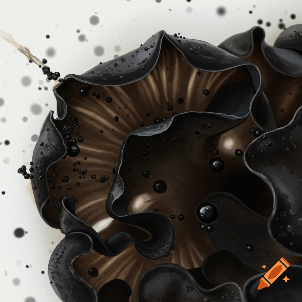 Close-up of a dark, ruffled fungus resembling a black trumpet mushroom, with small black droplets scattered across its surface and around it.