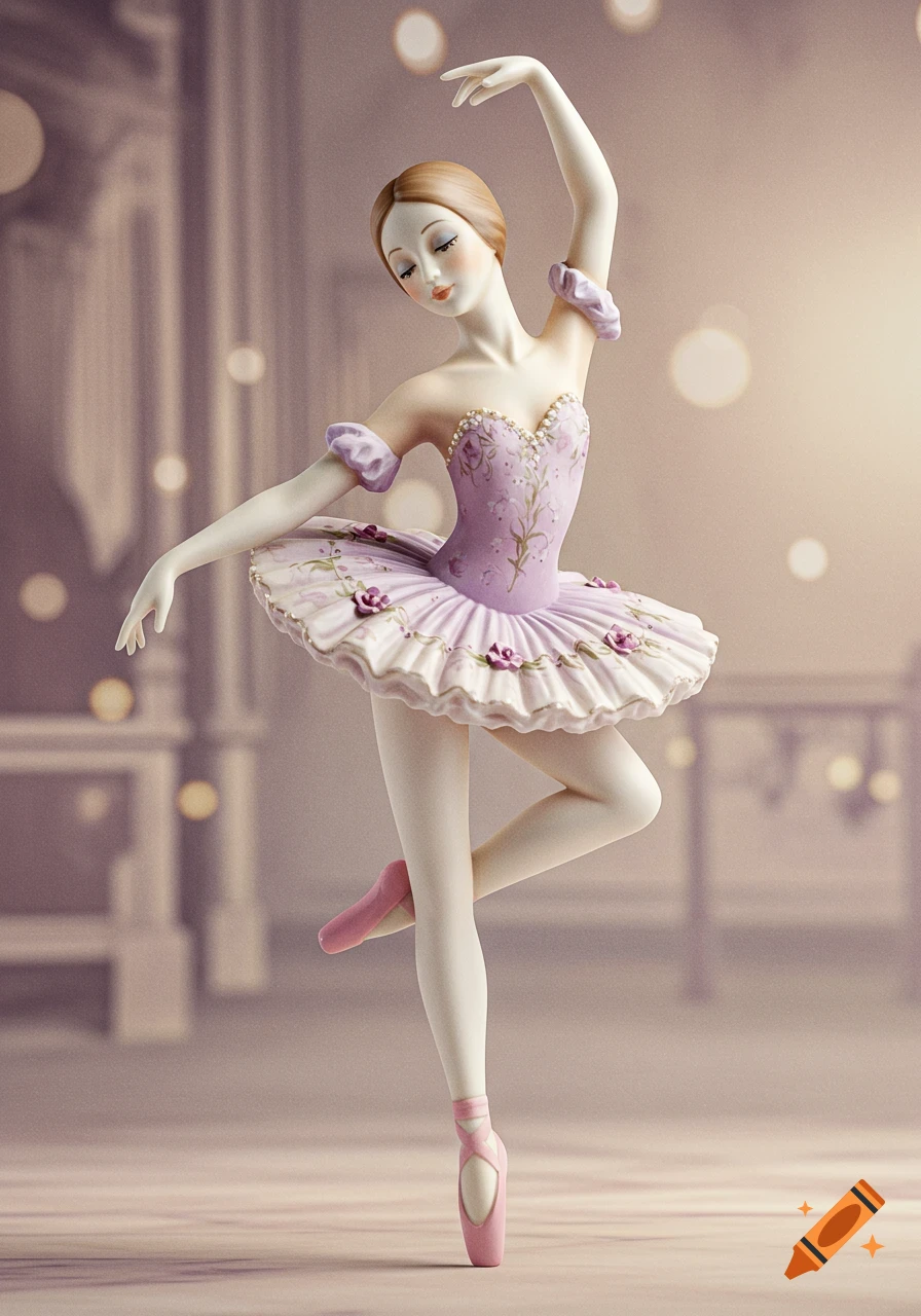 Elegant porcelain ballerina figurine in a light purple tutu, standing en pointe with arms gracefully posed.