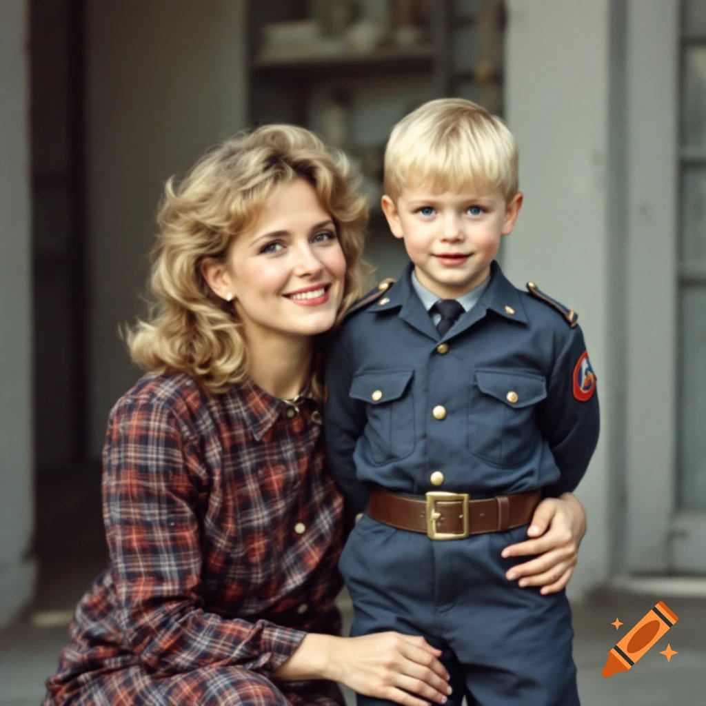 A blonde woman in a plaid dress crouches next to a blonde little boy in a dark blue uniform with gold buttons, both smiling for a 1970s style photo.