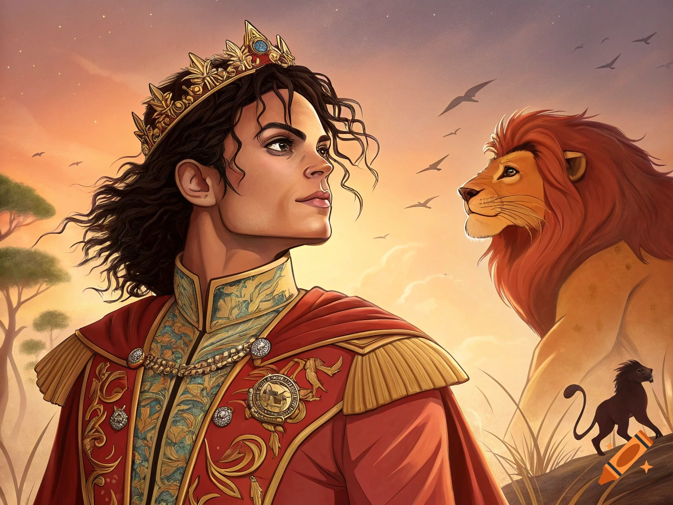 Stylized illustration of Michael Jackson as a crowned king in royal attire, gazing towards a majestic lion in a vibrant savanna sunset.